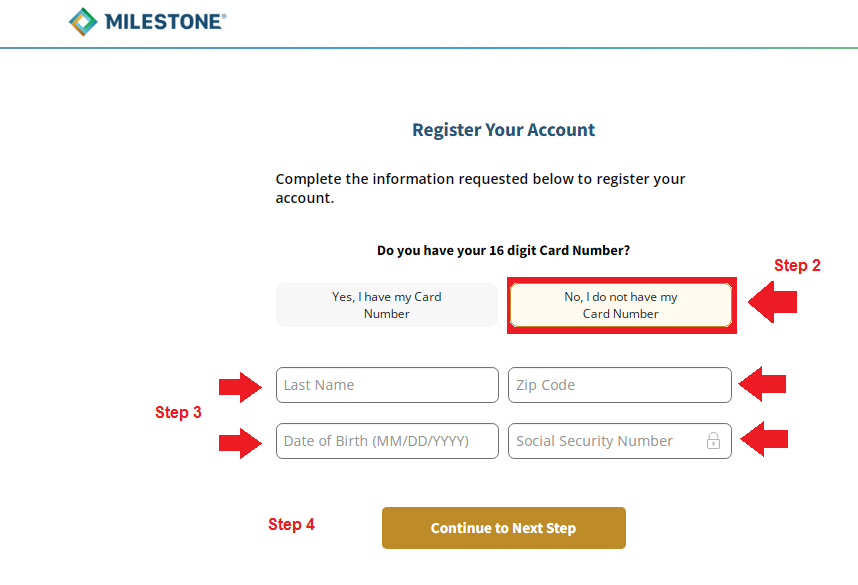 Milestone CardActivate Without 16 Digit Card Number